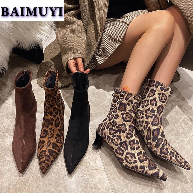 Ботильоны челси с леопардовым принтом, женские туфли с острым носком и средним каблуком, женские туфли 2025 года, модные зимние туфли из мягкой замши для снега Botas Mujer Luxury Pumps