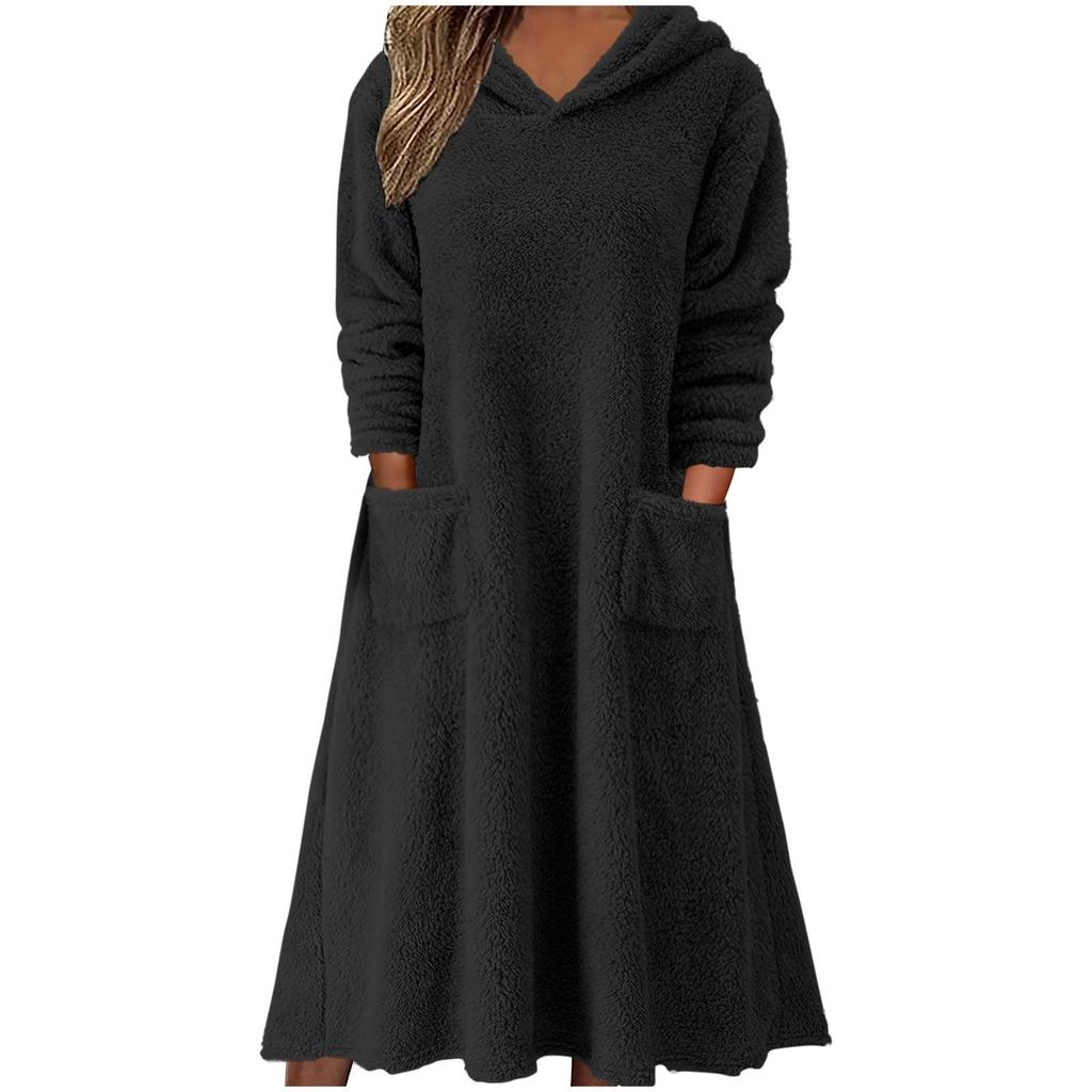 Women's Fuzzy Fleece Hoodies Dress, Warm Winter Loose Long Sleeve Casual Soft Dresses with Pockets