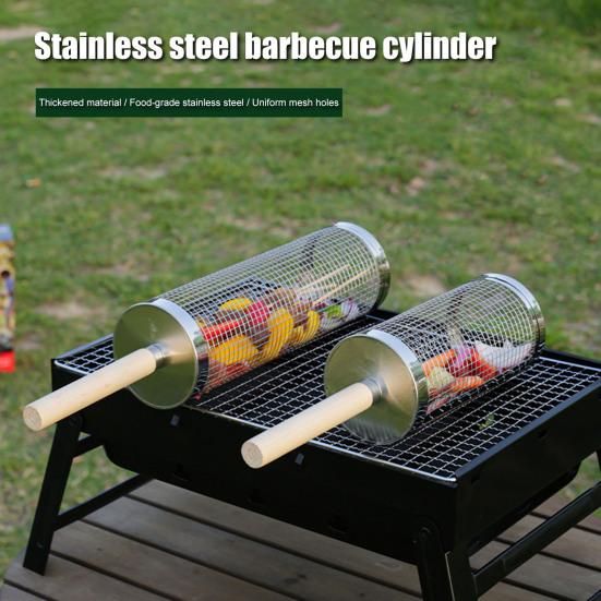 Yousheng Stainless Steel BBQ Grill Basket with Wooden Handle Rolling Cage for Even Cooking Vegetables Seafood Meat Camping Barbecue Tool