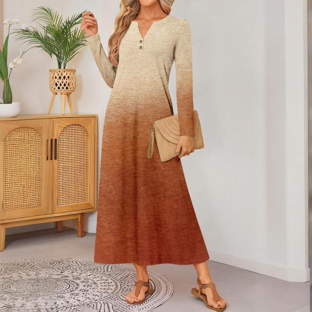 Women Gradient Print Long-sleeved Comfortable Loose Dress Elegant Dress