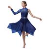 Womens Lyrical Dance Asymmetrical Bodysuit Dress Single Long Sleeve Floral Lace Irregular Hem Skirt