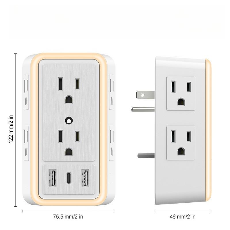 1PC new surge socket US standard USB power strip light sensing night light 6 hole expander 2.4A household US standard wall plug socket