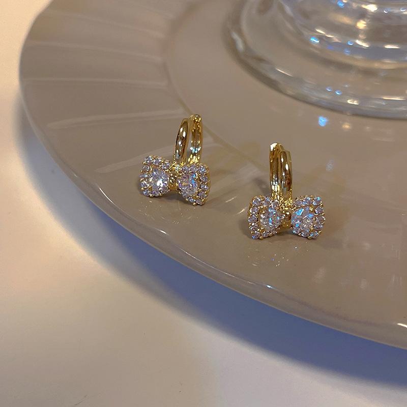 Light Luxury Bow Zircon Earrings Female Temperament Niche Unique Design Sense Senior Sense of Cute Super Fairies Earrings Dainty Earrings Daily Wear