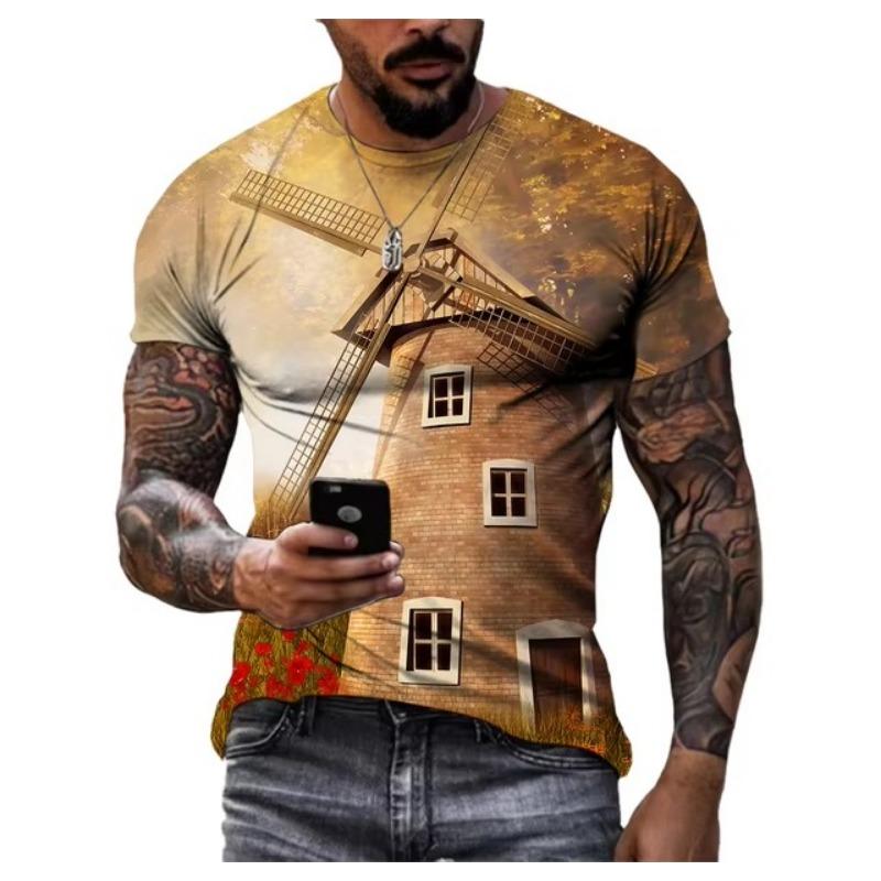 Футболки с графическим принтом для мужчин, модные футболки с рисунком природных пейзажей, красивые повседневные футболки с 3D-принтом, летние топы с изображением гор и рек
