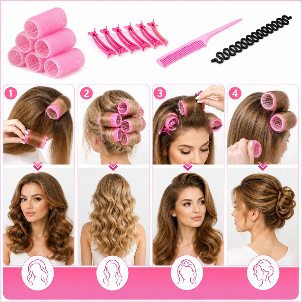 Hair Accessories Set: Rollers, Combs, Hair Clips, 32 Pieces