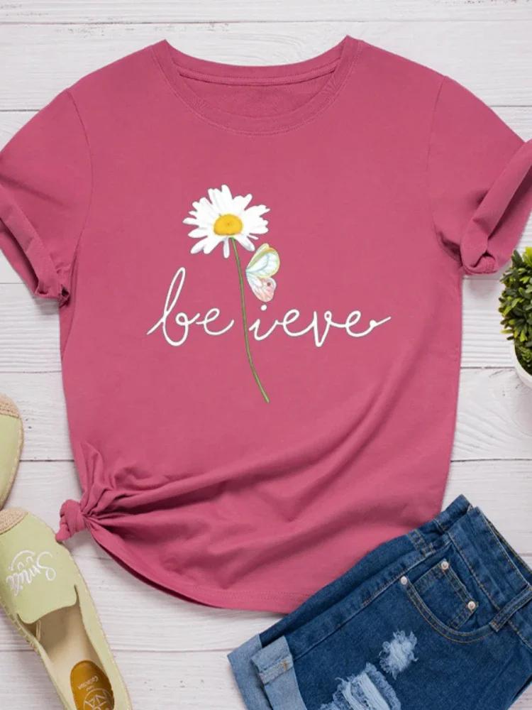 BELIEVE Daisy Print Женская футболка с коротким рукавом и круглым вырезом Свободная женская футболка Женская модная футболка Топы Одежда Camisetas Mujer