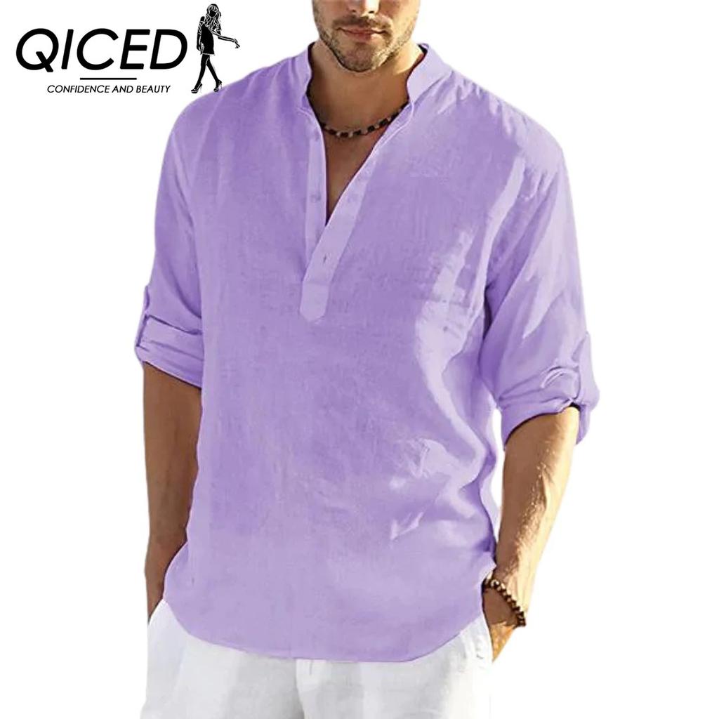 QICED Мужская льняная футболка с длинным рукавом, свободная толстовка, однотонная хлопковая рубашка с длинным рукавом, большого размера