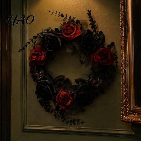 Thanksgiving Fall Hanging Decor Halloween Wreath for Front Door, Artificial Maple Leaf Rose Pumpkin Decorative Pendant Wall Wreath, Autumn Harvest