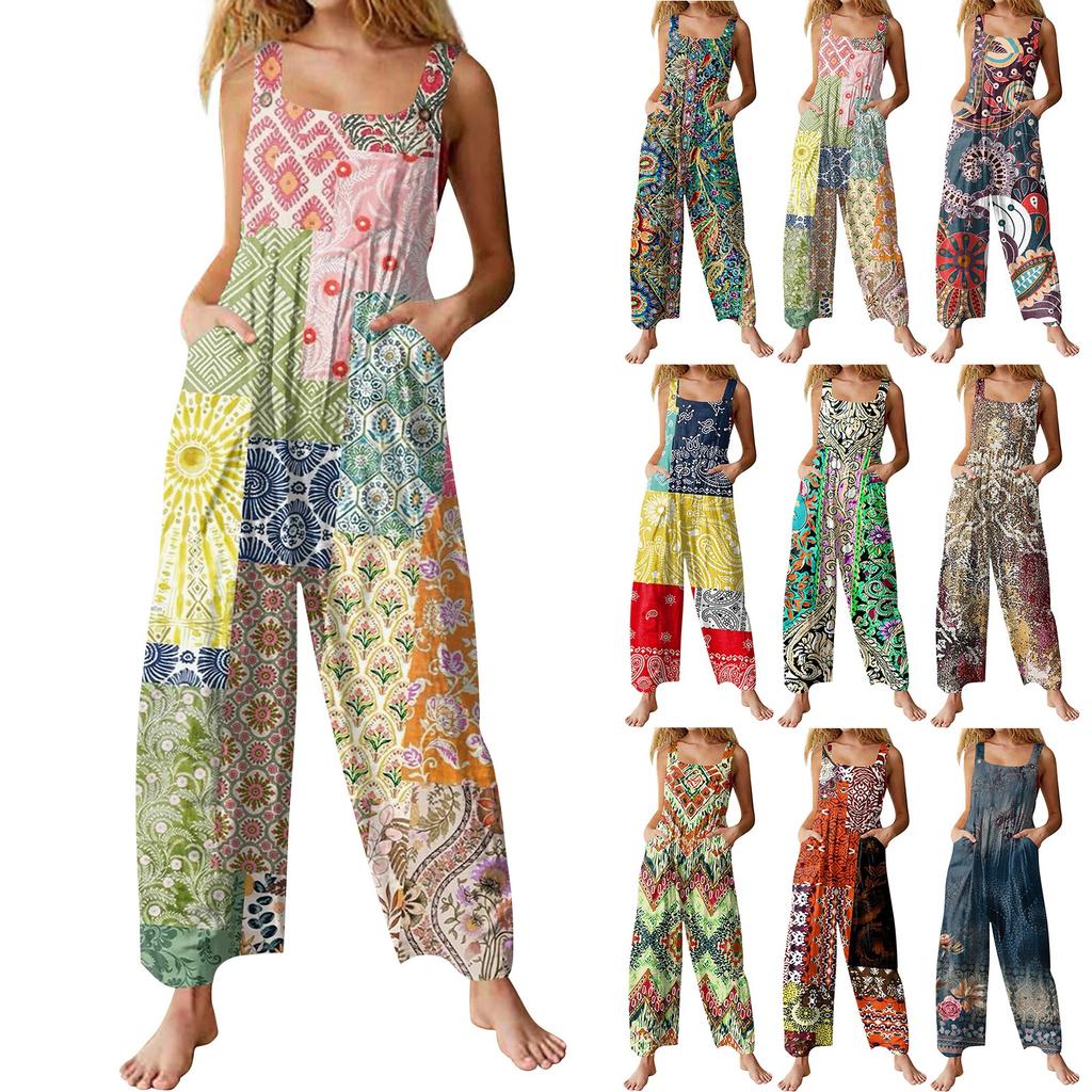 Women's Fashion Casual Loose Back Straps Wide Leg Vintage Printed Jumpsuit