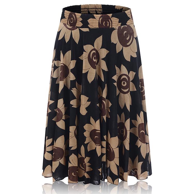 Women's Summer Floral Ice Silk Pleated Skirt - Mid-Length with Elastic Waist
