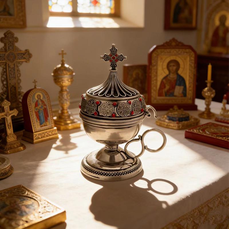 Серебристый католический настольный кадило с кельтским узлом, красными камнями и крестом сверху для домашнего алтаря, для сжигания благовоний, религиозный подарок