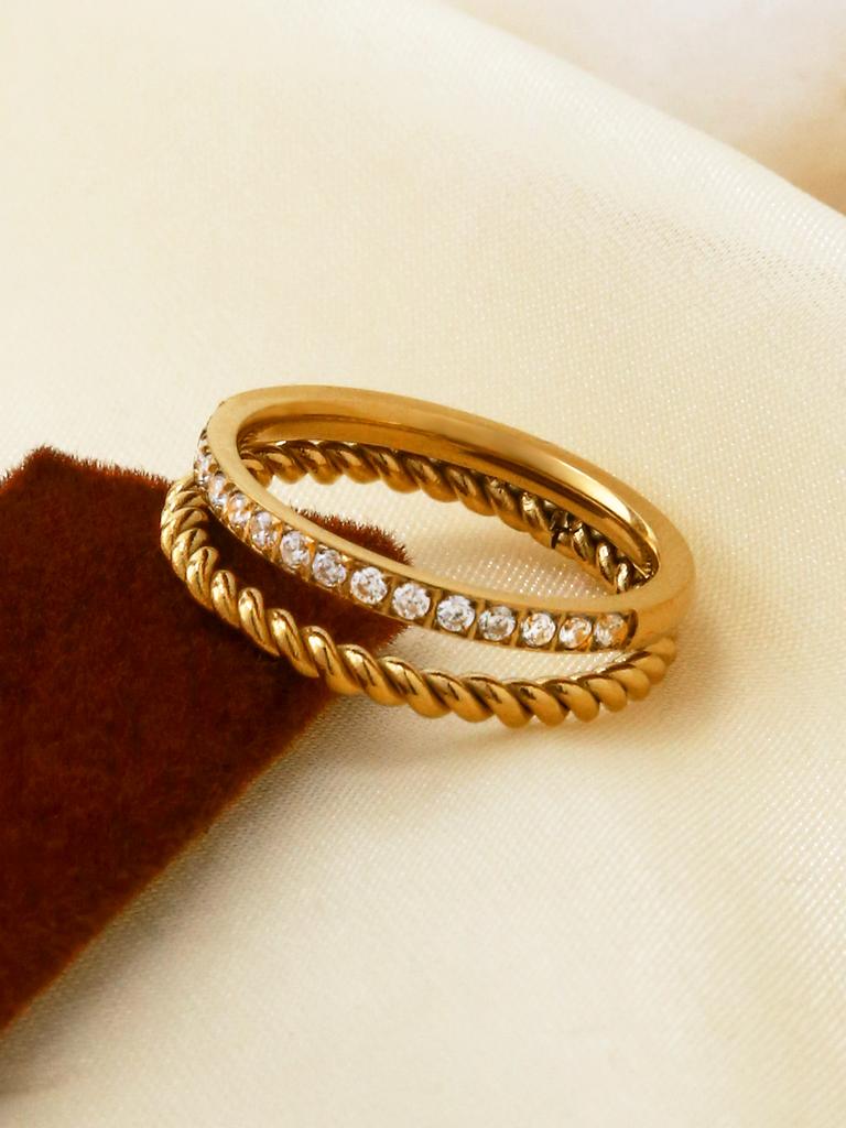 Korean Fashion Personality Cold Style Senior Sense Of Stainless Steel 18K Gold-Plated With Diamonds Double Layer Ring Female