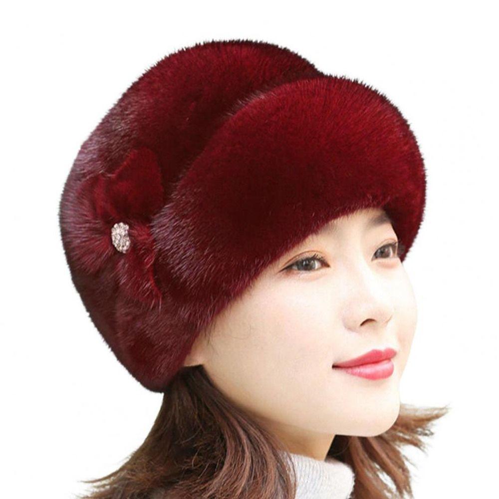 Faux Rabbit Fur Winter Hat Flower Decor Thermal Hat Solid Color Windproof Caps  Cycling Skiing