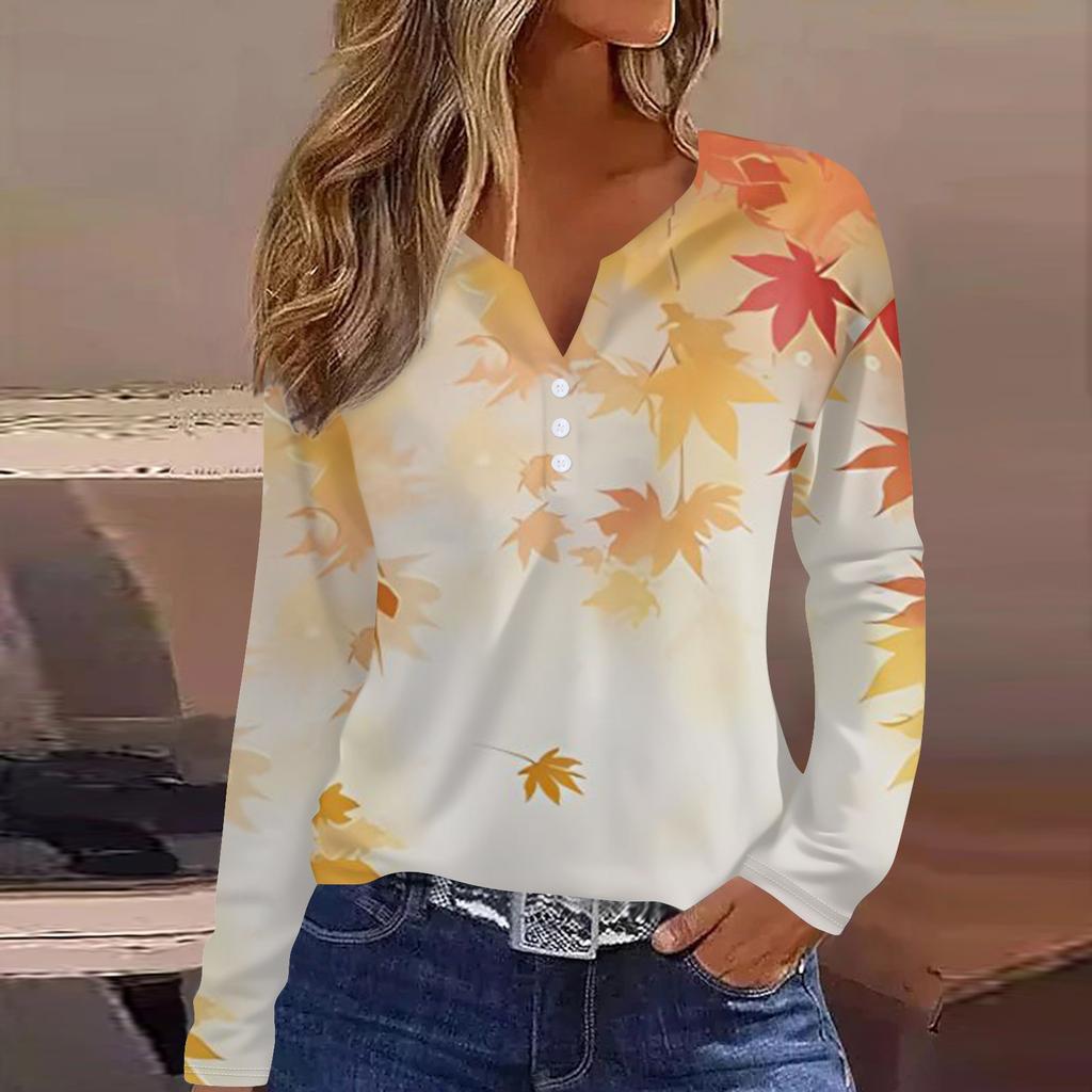 Женская модная повседневная футболка с v-образным вырезом и длинным рукавом с принтом, топ на пуговицах