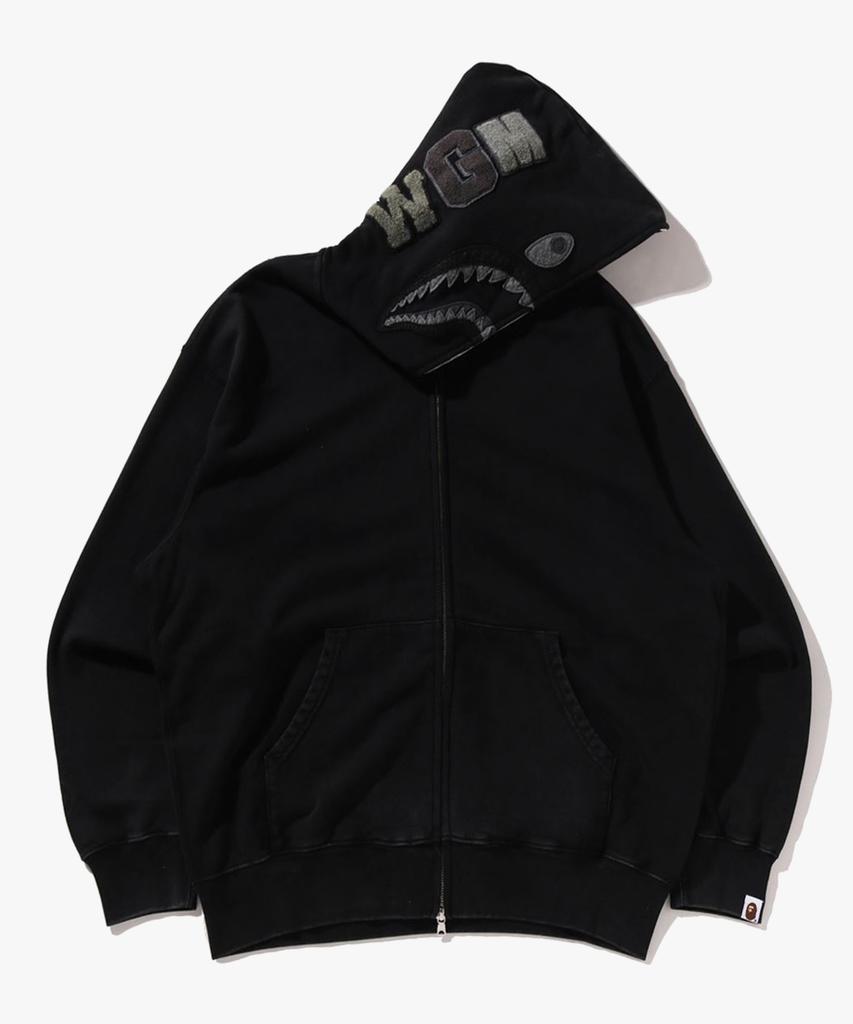 Bape Худи с полной молнией, свободного кроя, с принтом акулы, окрашенное в готовом виде (M) черный