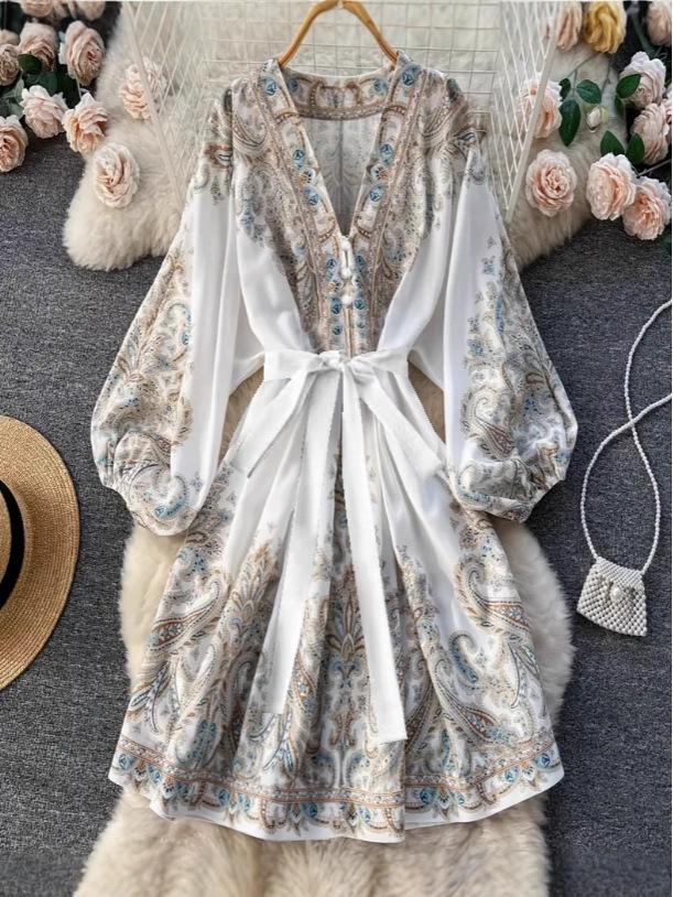Весеннее французское ретро-платье с принтом, V-образным вырезом, рукавами-фонариками, затягивающейся на талии завязкой