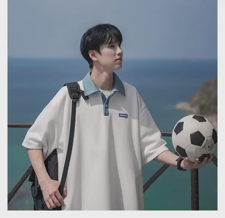 Мужская рубашка-поло в японском стиле в стиле ретро, контрастного цвета, плотная, свободного кроя, короткие рукава