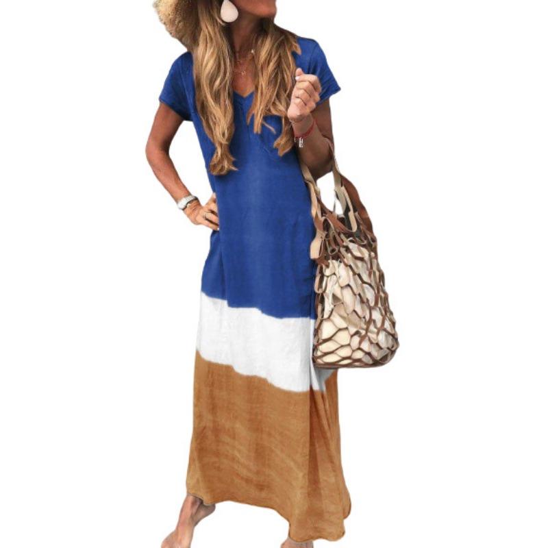 QICED Большие размеры Весна и лето Женские свободные платья с коротким рукавом и цветовым столкновением