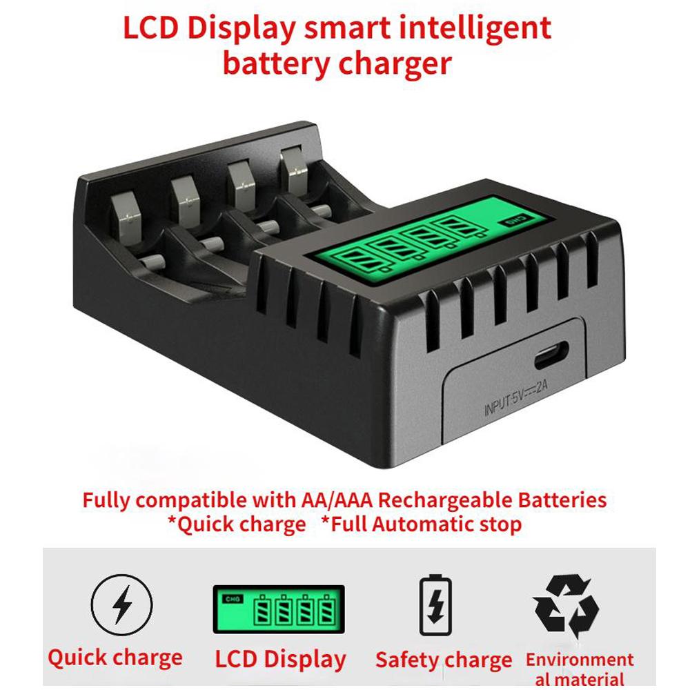 4 Slots Ultra Fast Smart Battery Charger USB Type-c Charger for 1.2V AA AAA Ni-CD Ni-MH Rechargeable Battery LCD Display Quick Charger