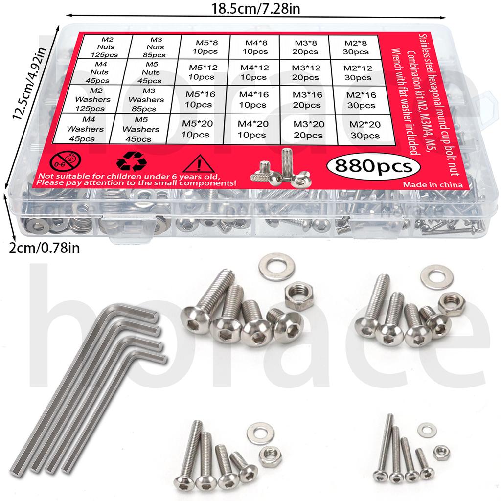 880pcs-stainless steel round cup hex bolt, nut, and washer set - M2-M5 sizes, includes hex wrench, suitable for DIY and repair.