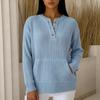 Women's Fashionable Solid Color Pullover V-neck Long Sleeved Button Pocket Casual Top