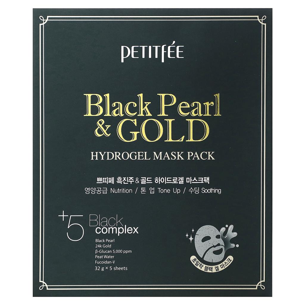 Petitfee Black Pearl & Gold Hydrogel Beauty Mask Pack, 5 Sheets, 32g Each