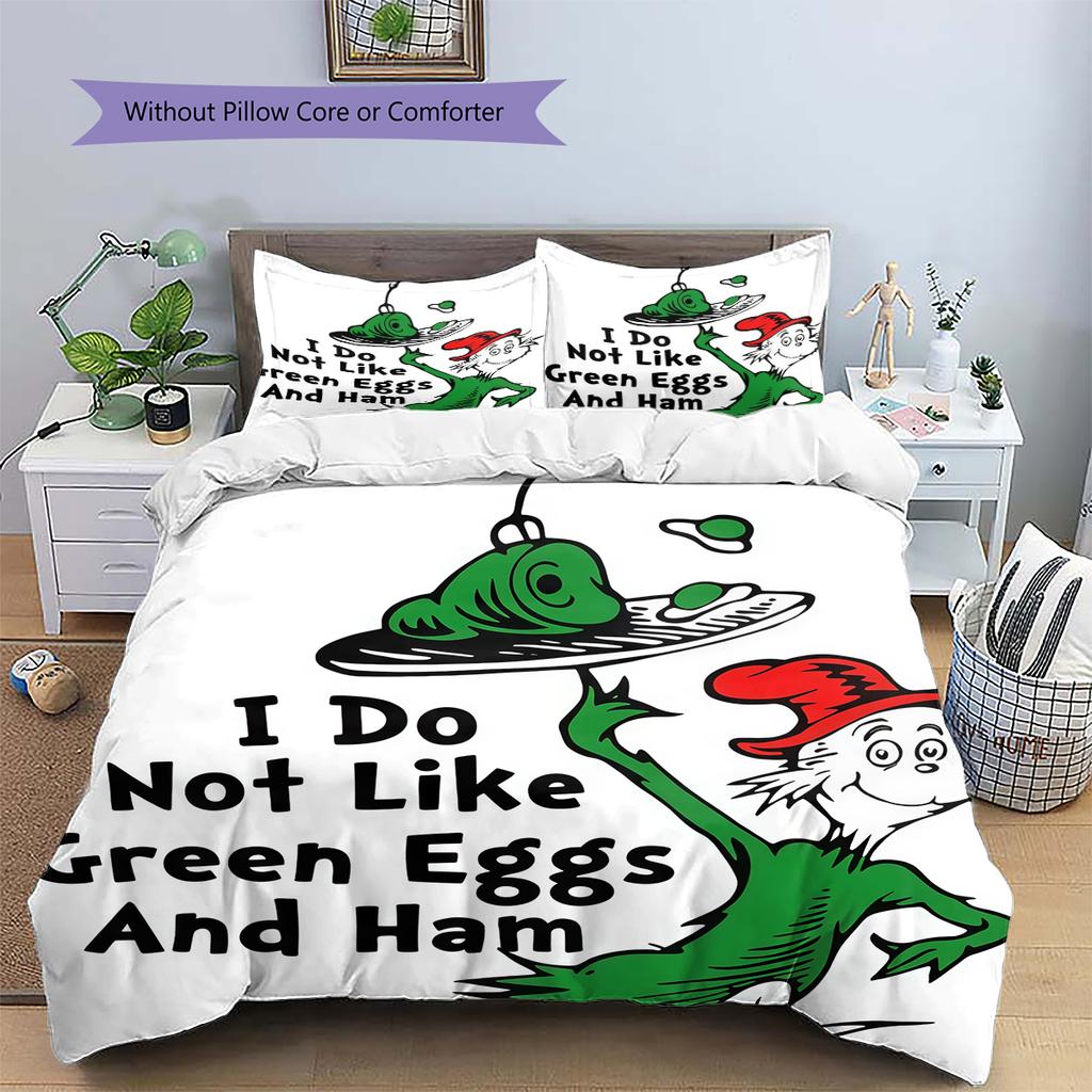 Green Eggs and Ham Pattern Bedding,Quilt Set Quilt Cover Pillowcase Home Birthday Gift (1 * duvet cover + 2 * pillowcase, without core)