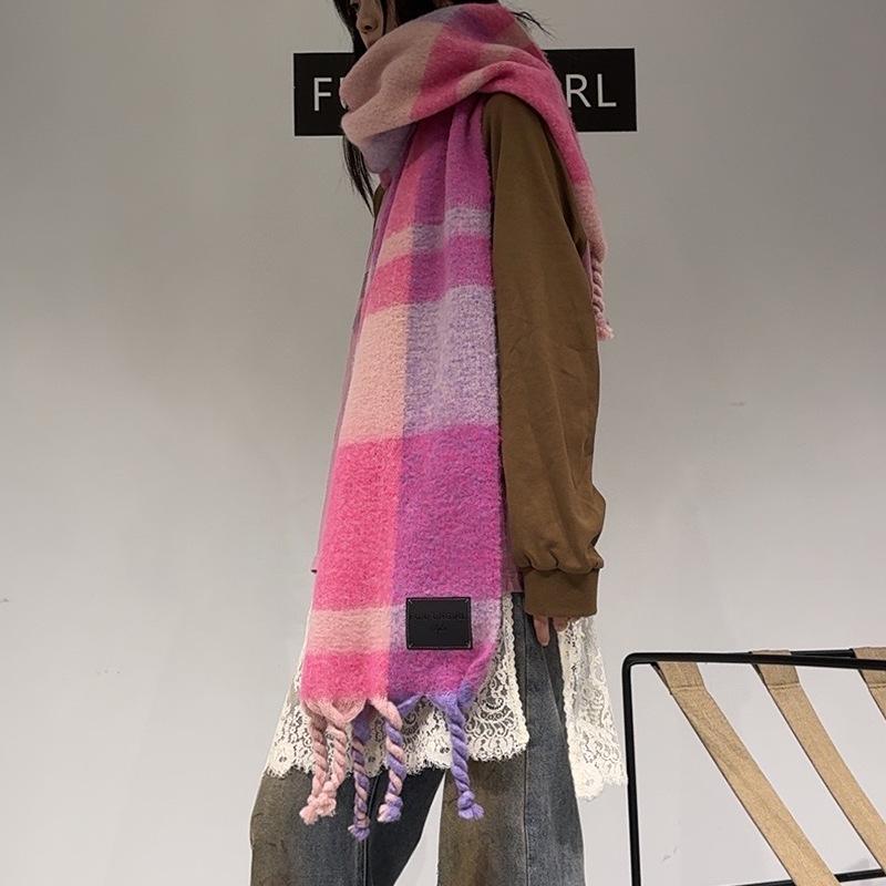 Autumn and Winter New Scarf Women's Atmosphere Contrasting Color Plaid High-end Sense Warm Scarf Thickened Handmade Fringed Shawl Scarf