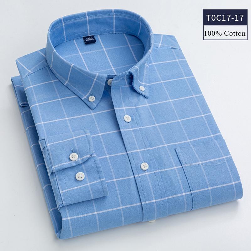 New Cotton Oxford Plaid Shirts Men Casual Spring Autumn Checked Long Sleeve Shirt For Man Iron Free