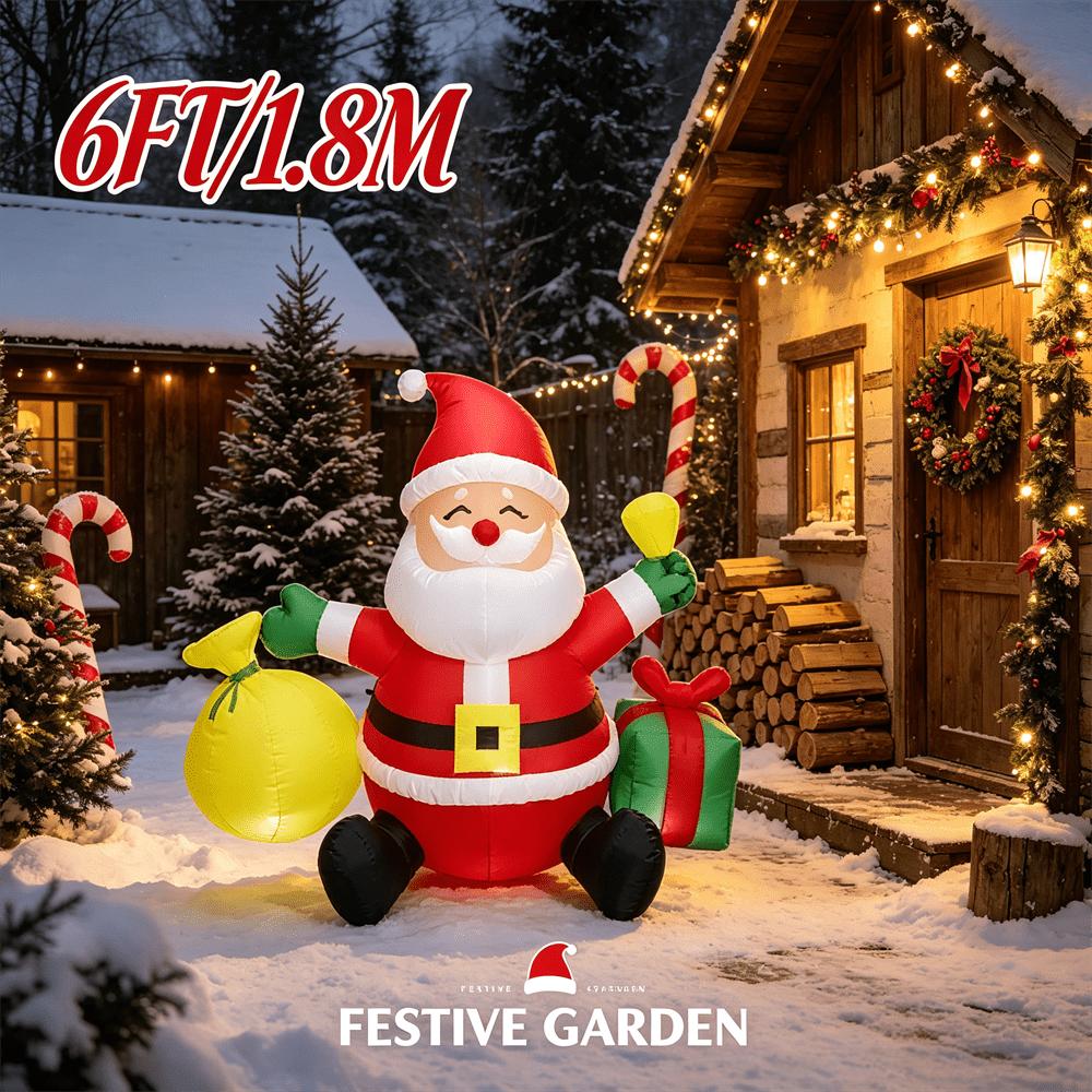6FT Christmas Inflatable Sitting Santa Claus with Gift Bag & Present Box, LED Blow Up Santa, Outdoor Lawn Holiday Decor