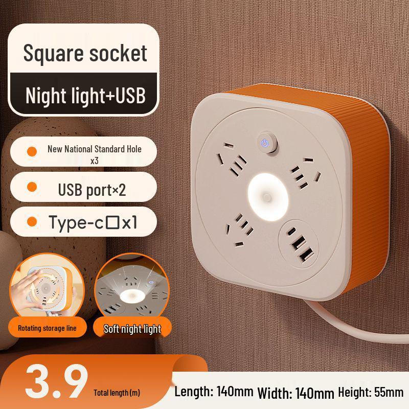 Удлинитель с несколькими розетками и USB-портами с ночником для домашнего использования