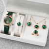 6pcs/set Women Green Leather Strap Quartz Watch with Diamond Jewelry Set