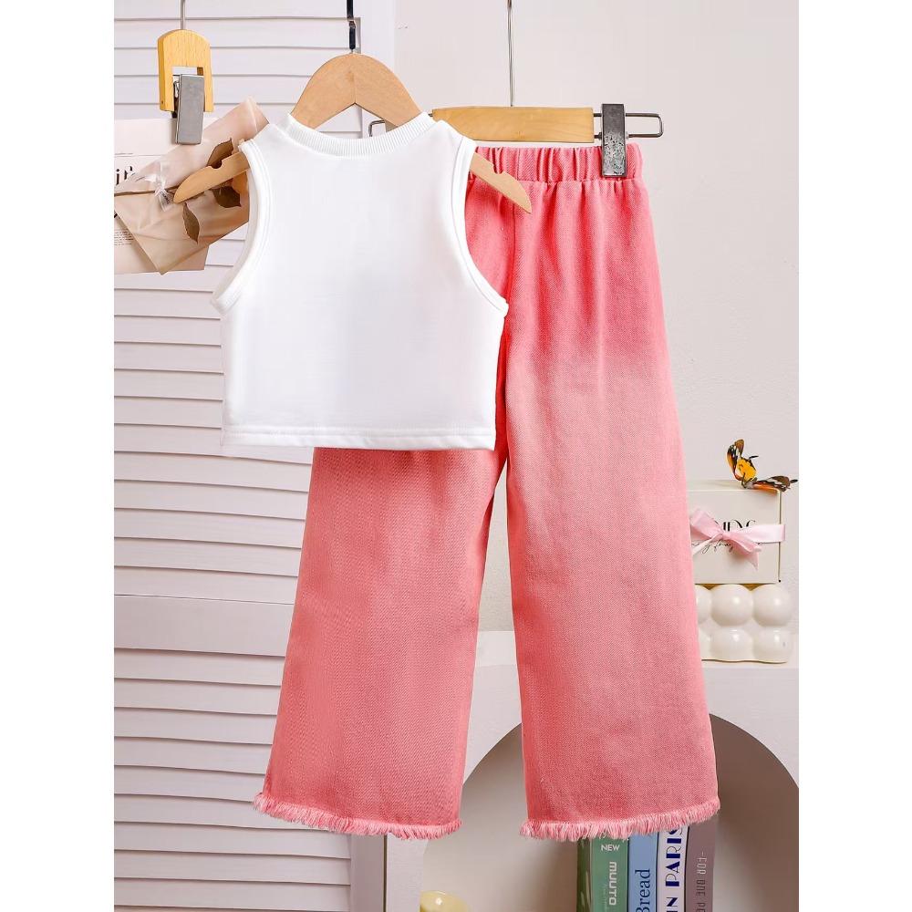 Детская одежда Комплект с короткими рукавами для девочек 4-7 лет Летний топ без рукавов с бантом + розовые рваные джинсовые брюки