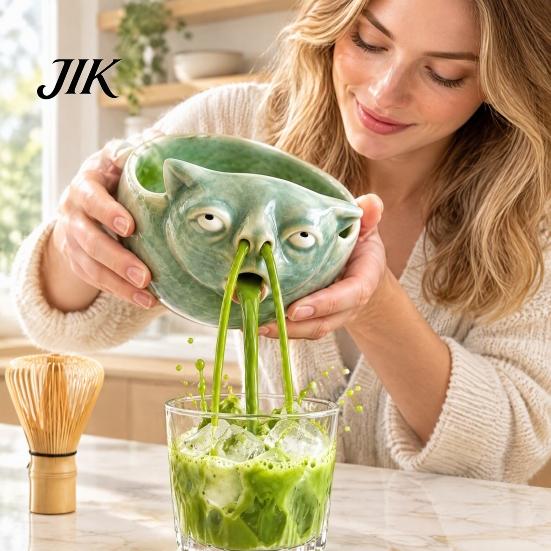 Handmade Matcha Mixing Bowl Ceramic with Spout & Whimsical Cat Face Design, Japanese Chawan Tea for Hot Cold Drinks Iced Latte Green Preparation, Easy