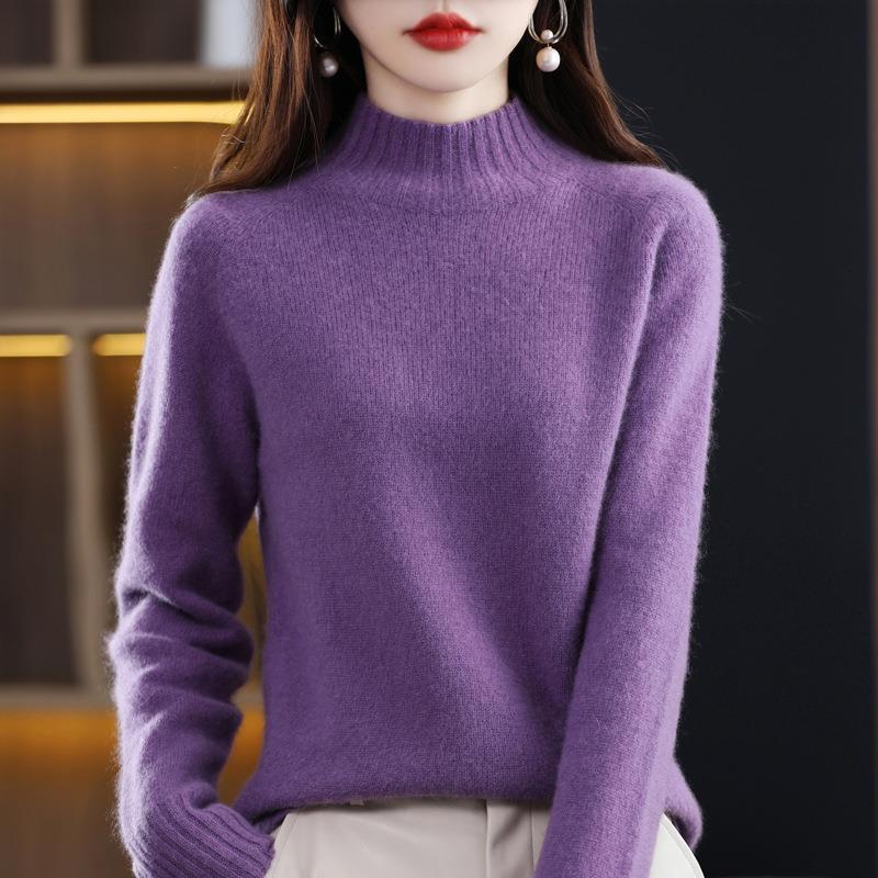 Women's Pure Wool Thickened Sweater - Autumn/Winter New Style, Loose Half-High Neck Pullover Knit Base Layer