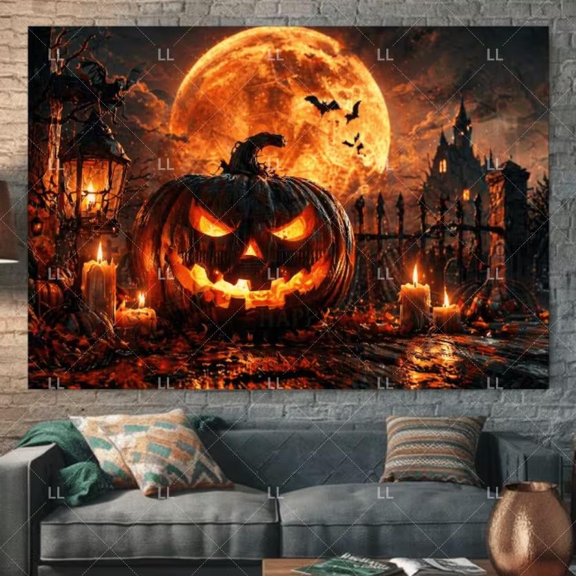 Neon pumpkin-themed party decoration for Halloween, backdrop with bat, spider, cute ghost, background-pl1632