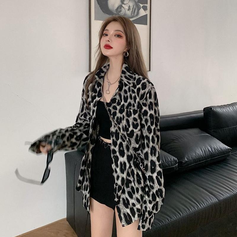 Женские винтажные футболки с длинными рукавами с леопардовым принтом, женские весенне-осенние повседневные однобортные рубашки средней длины, уличная одежда