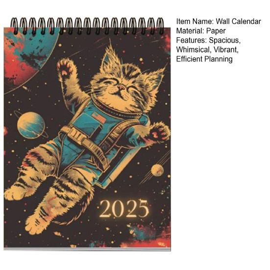 Календарь космических кошек на 2025 год. Планировщик на 12 месяцев. Иллюстрации космических кошек. Настенный календарь для любителей кошек.