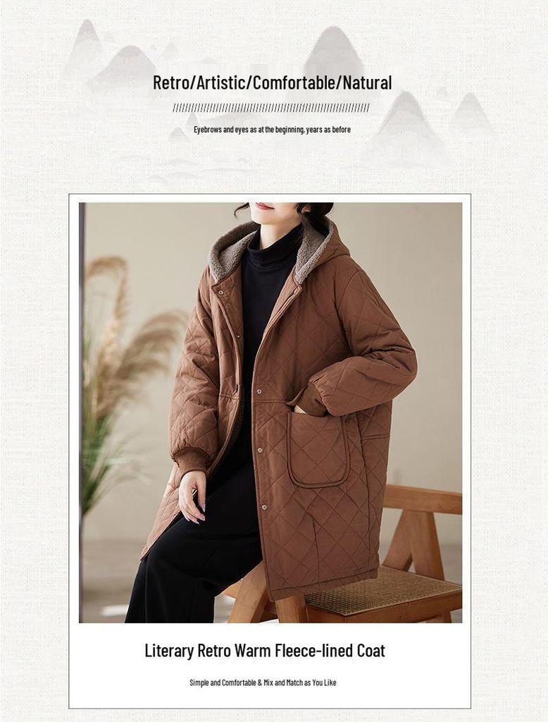 Женская стеганая хлопковая куртка средней длины с капюшоном – Теплая овечья шерсть, Доступна в оранжево-красном, кофейно-зеленом, черном цвете