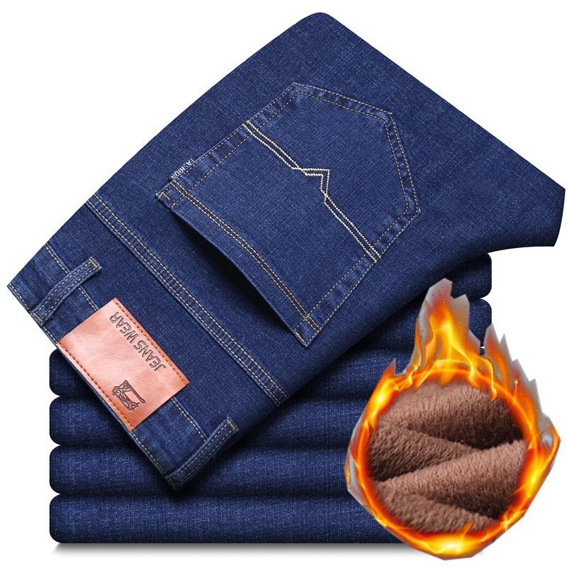 8 Types Of Blue And Black Autumn And Winter Men'S Jeans With Thick Fleece/Regular Optional Loose Straight Leg Casual Warm Outer Pants