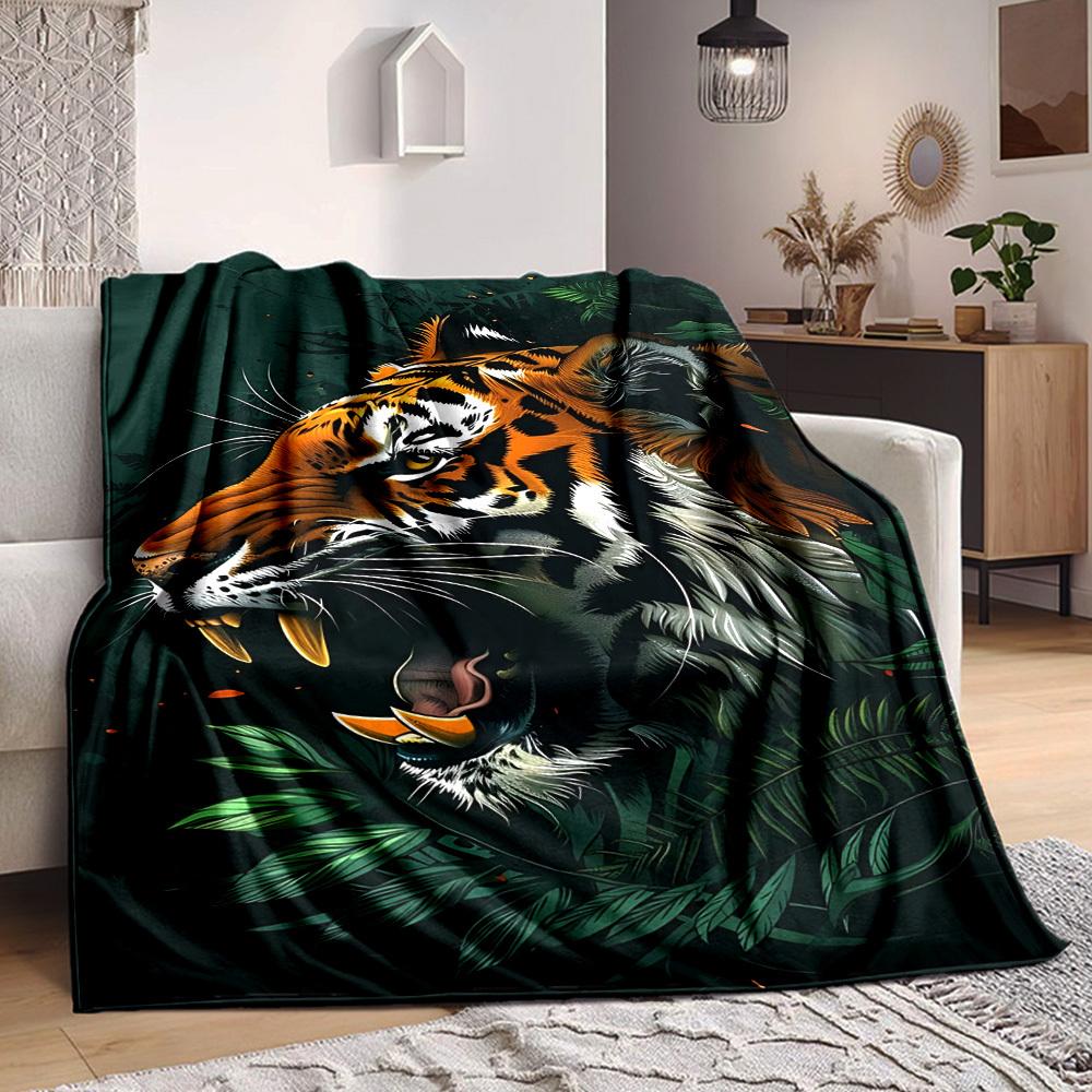 1pc Tiger Print Blanket Lightweight Flannel Blanket Throw Blanket For Sofa, Bed, Travel, Camping, Livingroom, Office, Couch, Chair, And Bed yy25101515