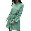 Women Sequined Lace Up Dress O-neck Long Sleeve Short Dress Solid Color