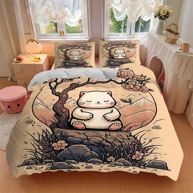 3pcs Japanese Lucky Cat Design Quilt Cover Set (1 Quilt Cover + 2 Pillowcases Without Pillow Core), High-Definition Printing for Home and Dormito
