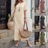 New Summer Cotton and Linen Solid Color Loose Round Neck Short-sleeved Dress for Women