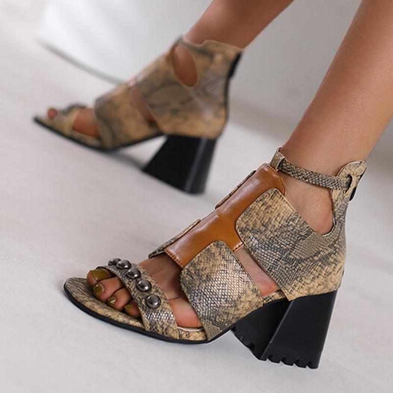 Женские босоножки на толстом высоком каблуке с круглым носком и заклепками на молнии, модная вечерняя летняя обувь, черный, коричневый, синий, белый цвет, размеры 33–46