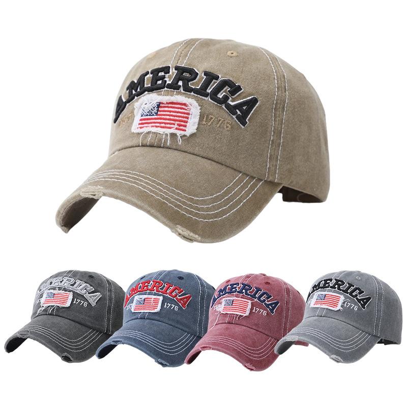 AMERICA Alphabet Baseball Cap Washed Ripped Baseball Cap Female American Flag Cap Popular