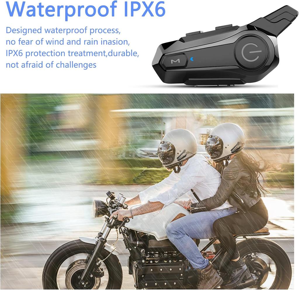 E1 Motorcycle Bluetooth 5.0 Helmet Intercom Headset + Waterproof IPX6 + 2 Riders + 1000M Range + Hands-Free Music for Outdoor Riding
