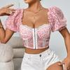 Vintage Printed Puff Sleeve Low Cut Sexy Blouse Women Backless Square Collar Slim Fit Shirt Female Elegant Casual Y2K Crop Tops Women 24442