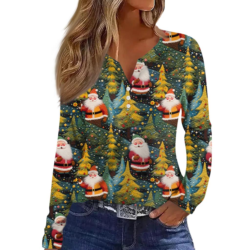Женская модная повседневная футболка с V-образным вырезом, на пуговицах, с длинным рукавом, с рождественским принтом