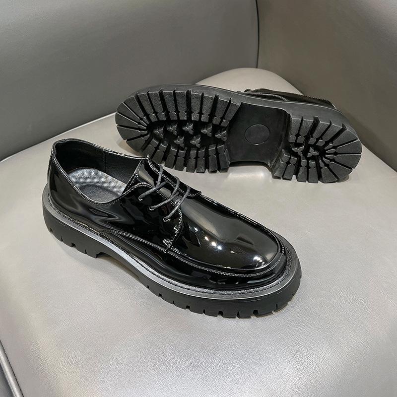 Повседневные мужские туфли из натуральной кожи в британском стиле, с круглым носком, увеличивающие рост, черные, на платформе, 20353-T